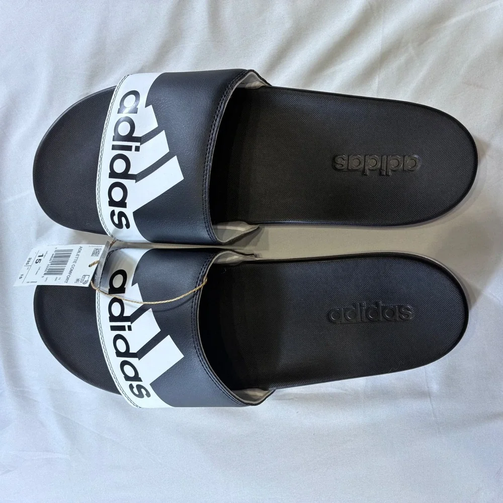 Adidas Adilette Comfort Slides Mens 15 Black White Logo Sandals GW8753